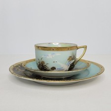 Antique 3 Piece Aqua Teal Flying Geese Swan Porcelain Cup Saucer Plate Set picture