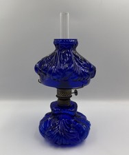 VTG Unbranded Cobalt Pressed Glass Oil Lamp W/Nutmeg Burner Embossed Art Decor picture
