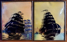 Vintage Art Deco Ship Silhouette Reverse Painted Convex Glass Prints picture