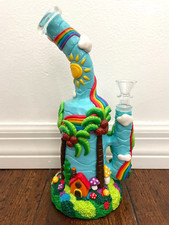9.5” Premium Glass Water Hookah Art Tropical Island Time Rainbow 14mm picture