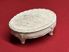 Vintage Incolay White Oval Footed Hinged Trinket Jewelry Box Floral Lattice picture