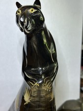 Rare MCM Black Panther Statue Art Deco Incised Detail & Stylized Wooden Pedestal picture