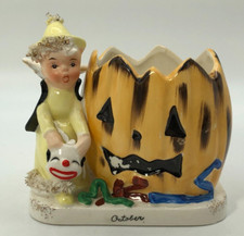 Rare Napco October Angel Pumpkin Jack-O-Lantern Planter Spaghetti Trim S633 VTG picture