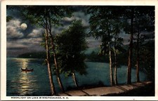 Postcard~Moonlight on Lake Winnepesaukee, New Hampshire~Canoe~Scenic~c1920s picture