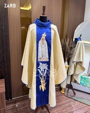Marian Blue Ivory Catholic Priest Chasuble Our Lady Fatima Vestment + Stole picture