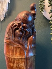 Vintage Large 14” Tall Antique Bamboo Root Carving of God Of Longevity/Wisdom picture