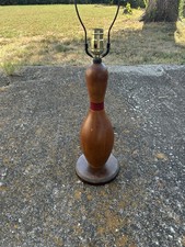 Vintage 60s/70s MCM Folk Art Hand Turned Wood Bowling Pin Lamp Works picture