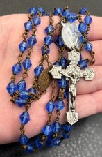 Vintage Blue Glass Bead Rosary Our Lady of Mt Carmel Crucifix Mixed Metal 32” picture