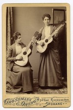1880s Albumen Cabinet Card Photo of Two Women with Guitars, Spokane, Washington picture