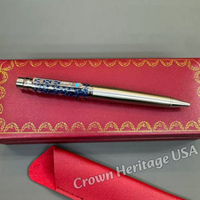 CARTIER Santos de Cartier Blue Design Ballpoint Pen Silver Tone with Box picture