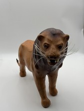 Vintage MCM Leather Wrapped Paper Mache Lion Figure Glass Eyes Nice 13”x17” BIG picture