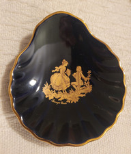 Vintage Limoges Castel France Cobalt Blue 22K Gold Trinket Dish Victorian Couple picture