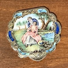 Antique Italian Silver Hand Painted Enamel Powder Compact - 3” W  picture