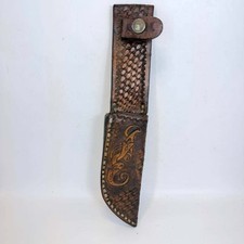 Vintage Handcrafted H Leadbeater Leather Knife Sheath Basketweave Tooling 9in picture