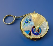Antique Art Deco Dance Compact w/ Finger Ring Colorful Enamel Gold Silver picture
