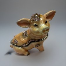 Pig Trinket Box Hinged Enameled Bejeweled Pink Hog Sitting Crystals Gems picture