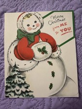 Adorable Vtg 1956 Christmas Card Snowman (used) 5” X 6” picture