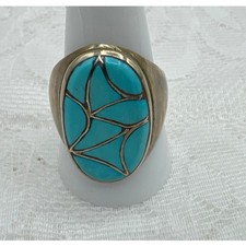Edison & Laurenda Bobelu Zuni Sterling Silver Turquoise Inlay Ring Size 10.5 picture