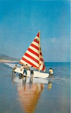 Vintage Malibu CA Catamaran Sailboat Launching Beach Chrome Postcard 1950s picture