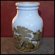 Antique Circa 1880 English Prattware Pottery Blue Boar Hunt Scene Mustard Jar picture