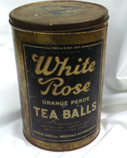 Vintage 3 lb.  White Rose Orange Pekoe 600 Tea Balls Tin - 11.5 X 8.25 inches picture