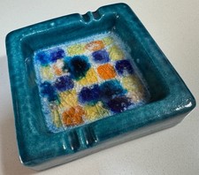 Vintage MCM Ceramic Pottery Crackle Glass Ashtray Mid Century Mod Baldelli Italy picture