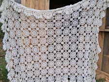 Vintage French White Heavy Hand Made Cotton Crochet Bed Cover Throw Granny's picture
