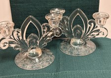 PR 1920s Cambridge Etched Rose Point Double Candlestick Holders 8.5”w 5.5”h EUC picture