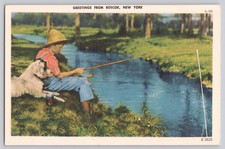 Vintage Roscoe NY Boy Fishing with Dog Linen Postcard Colourpicture picture