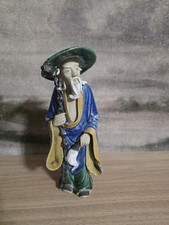 Antique Chinese Mudman Figurine Shiwan Pottery Elder Wise Sage Staff Stamp CHINA picture