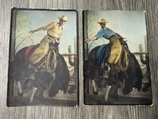 Vtg Mid Century Western Art Prints Pair Cowboy Bucking Bronco Rare Color Variant picture