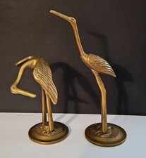 Vintage Mid Century Solid Brass Crane Egret Heron Statue Sculpture Set Of 2 picture
