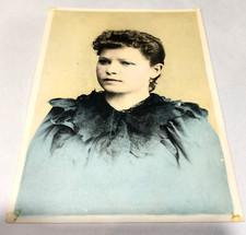 Antique Hand Tinted Cabinet Photo Victorian Woman Colored Blue Eyes Dress 5x7 picture