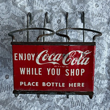 Vintage Coca-Cola Red Metal Bottle Carrier Caddy Sign Enjoy While You Shop Soda  picture
