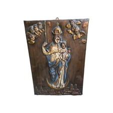 Antique Belgian copper bas relief our LAdy Ascension POLYCHROMED COPPER ICON. picture