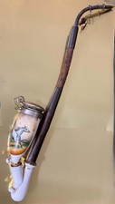 Antique German Gesteckpfeife Hunting Pipe w/ Hand Painted Horse Porcelain Bowl picture