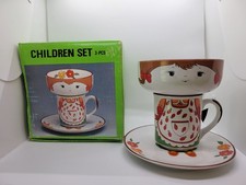 Vintage Interpur 3 Piece Stackable Children's Dish Set Girl Mug Plate Bowl Korea picture