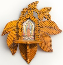 Vintage 1974 Mexican Folk Art Our Lady Guadalupe Wood Retablo Wall Shrine picture