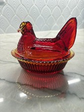 Vintage Ruby Red Amberina Hen on Nest Glass Chicken Covered Dish picture