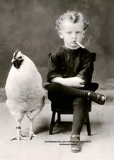 Vintage Comedy Photo | Boy with Cigarette & Chicken | Historic Novelty Reprint picture
