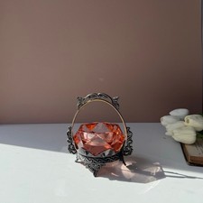Vintage Victorian Faceted  Peach Glass Salt Cellar Silver Plated Basket Holder picture