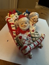 Vintage Lefton 1957 Ceramic Christmas Santa And Mrs Claus In Candy Cane Sleigh picture