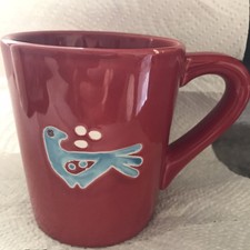 Rare Peets Coffee & Tea Red Ceramic Embossed Mug Blue Bird Dove picture