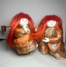 Vintage Japanese Kimekomi Style Doll Pair Kimono Red Hair Unmarked Rare picture