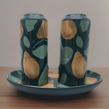 Anthropologie Holly Pear Salt and Pepper Shakers With Ceramic Tray, Excellent picture