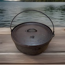 Vintage Unmarked Lodge #12 CO D USA Cast Iron Pot Camp Dutch Oven / 3 Footed Lid picture