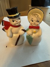 Vintage Japan Ceramic Christmas Snowmen S&P Shakers picture