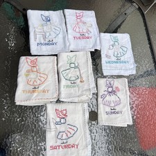 Vintage Kitchen Dish Tea Towels Embroidered Girl Bonnet Days Of The Week 7 Pc picture