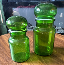 Vintage 1970s Belgian Emerald Green Glass Apothecary Canister Jars - Bubble Top picture
