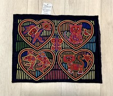 Vintage Guna Kuna Mola Panama Cats Bird Heart Fish Butterfly Folk Art Black NWT picture